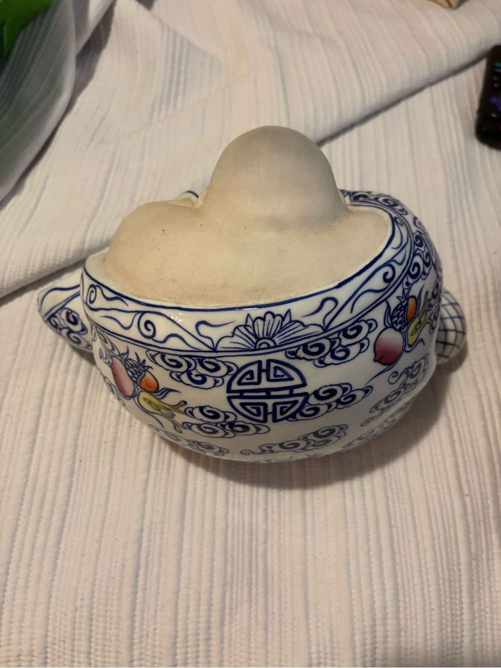 Blue & White Ceramic Laughing Buddha Figurine with Floral Accents - Picture 5 of 5